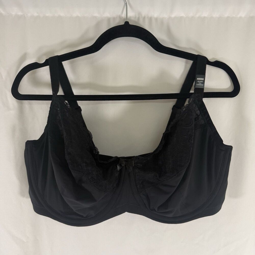 New Torrid Bra 40DD Black Semi Sheer Lace Unlined Full Coverage Hook Eye